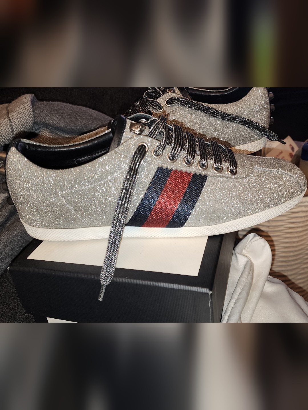 Gucci Silver Glitter Low-Top Sneaker With Red & Blue Stripe